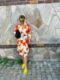 Midi Orange Neon Flowers Shirt Dress