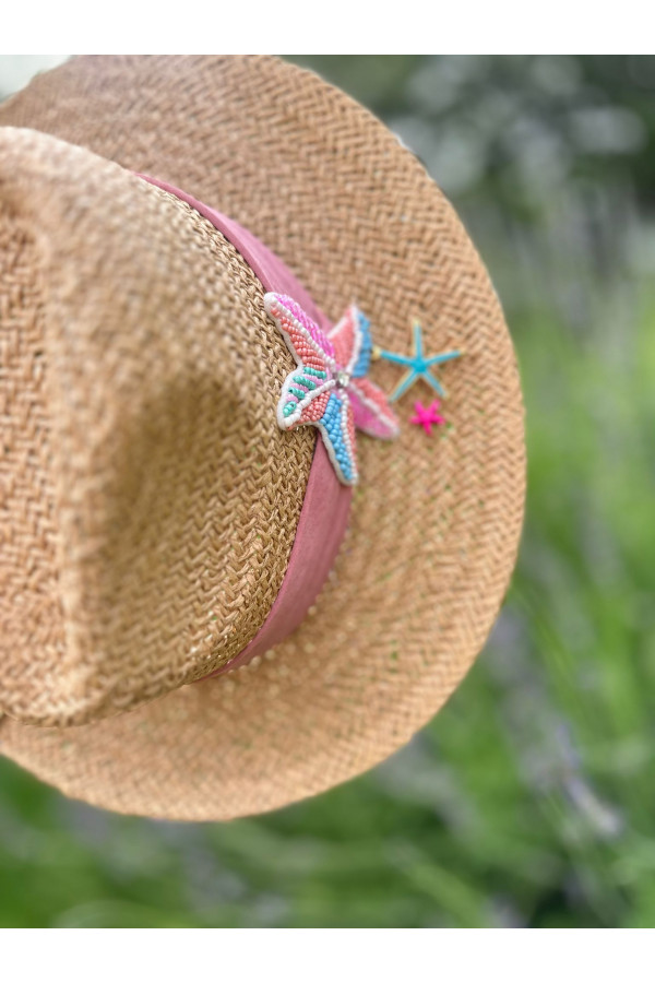 25-Coll Raphia Hat Marin Pinky