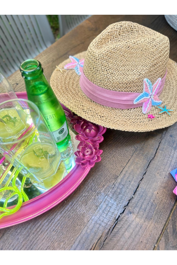 25-Coll Raphia Hat Marine Pinky