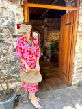 Midi Pink&Red Flower Shirt Dress