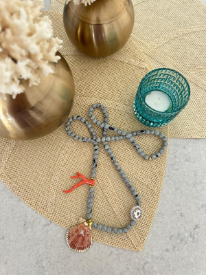 İstiridyeli Coral mercan&Grey Long Kolye