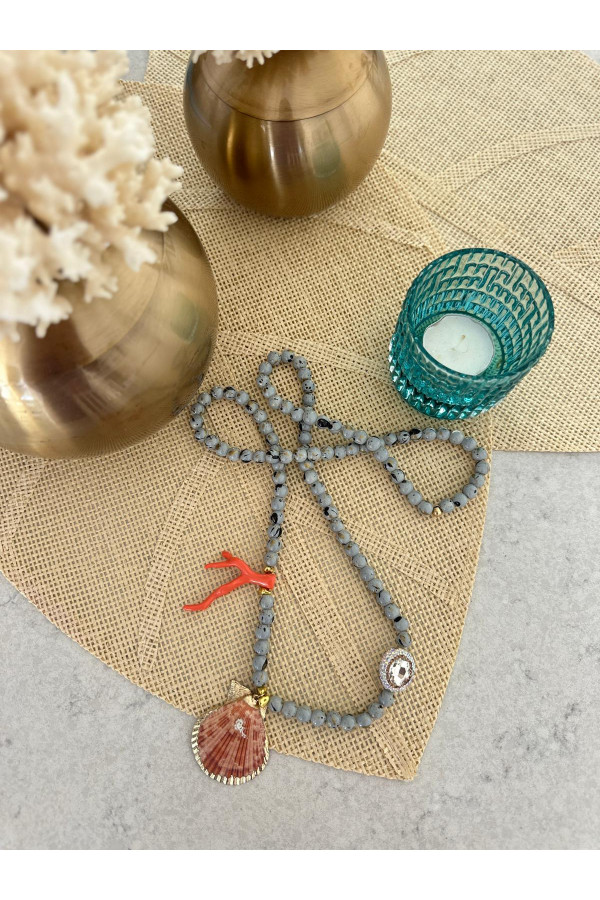 İstiridyeli Coral mercan&Grey Long Kolye
