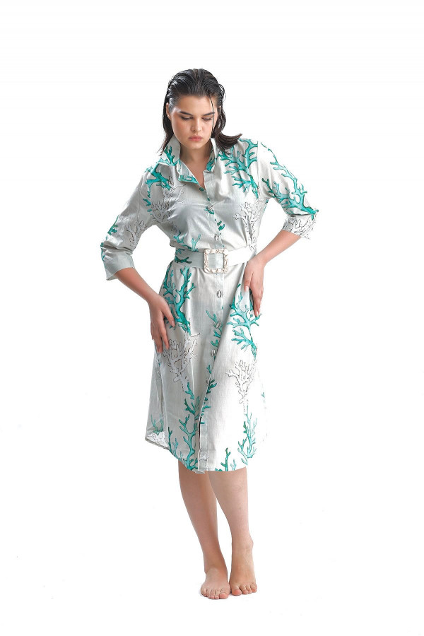 Midi Coral Emerald Shirt Dress
